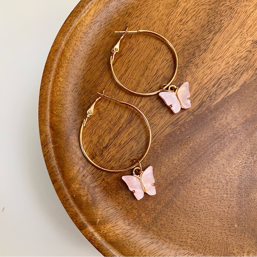 4/$15 Gold Hoop Earrings with Pink Butterfly Charms